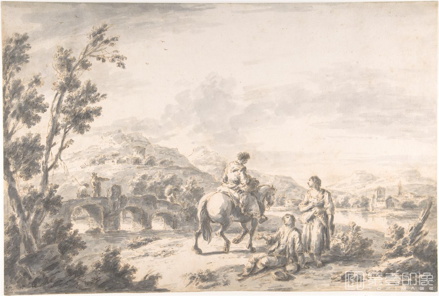 素描-美国纽约大都会美术馆素描藏画-Attributed to Giuseppe ZaisRiver Landscape with Two Mendicants and Other Figures-0314